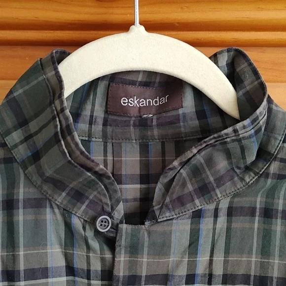 ESKANDAR Plaid Blouse Cotton Sz 0 Mandarin Collar - Picture 2 of 9
